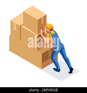Isometric man in uniform pushes a large mountain of cardboard boxes, rear view. Warehouse Concept. 3D character of emotion. Vector illustration. Stock Vector