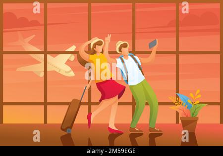 Friends in the airport building before flying on vacation. Flat 2D character. Illustration concept for animation and web design. Stock Vector