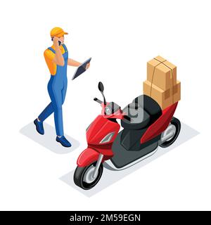 Isometric set of delivery service or courier service. Workers or courier. on a scooter. Delivery Concept. Fast delivery van. Stock Vector