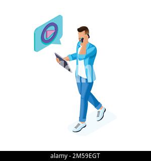 Isometric young man watches video and communicates in social networks on the tablet, maintains his blog. Teenagers and gadgets. Stock Vector