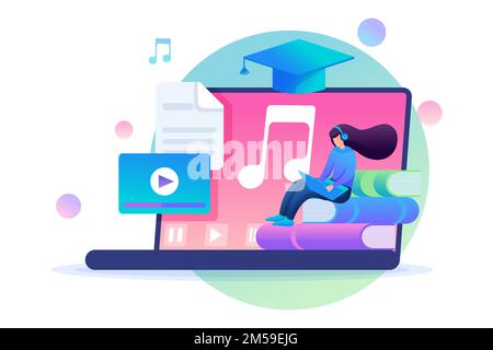 Girl listening to audio lessons, online training. Flat 2D character. Concept for web design. Stock Vector