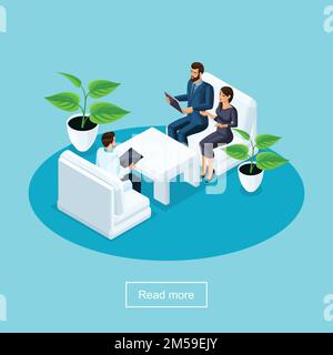 Isometrics health care and innovative technology, a hospital, a patient with his wife communicating with a surgeon and discussing the operation. Stock Vector