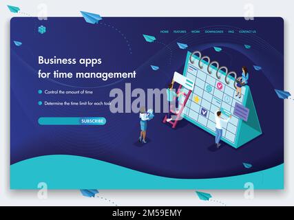 Business website template design. Isometric concept of people's work on Business apps for time management. Easy to edit and customize. Stock Vector
