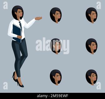 Quality Isometry, 3D business lady, African American girl. Character, a girl with a set of emotions for creating quality vector illustrations. Stock Vector