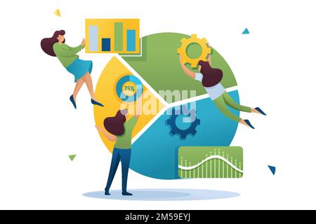Large schedule and a set of analytical data, data collection is carried out by employees. Flat 2D character. Concept for web design. Stock Vector
