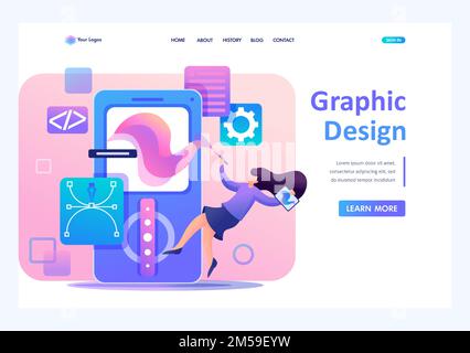 Girl designer is engaged in the design of the application design, the development of graphic design menu. Flat 2D character. Landing page concepts and Stock Vector