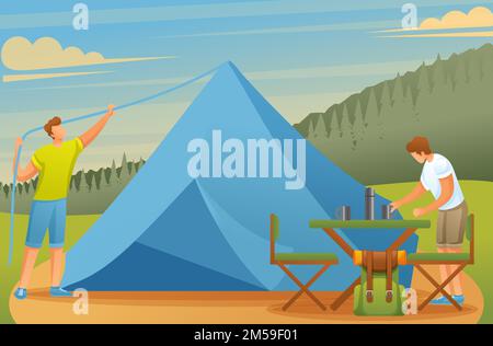 Young people at the camping set up tents and prepare food. Vector illustration. Flat 2D character. Stock Vector