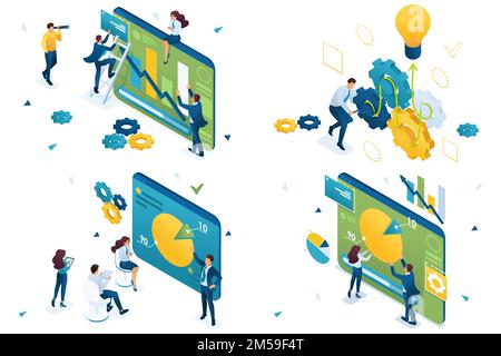 Set of isometric concepts.graphs and charts, business ideas, analytics, business training. For Concept for web design. Stock Vector