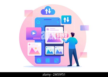 Young man is editing his photos on a smartphone. Concept of content for social networks. Flat 2D character. Concept for web design. Stock Vector