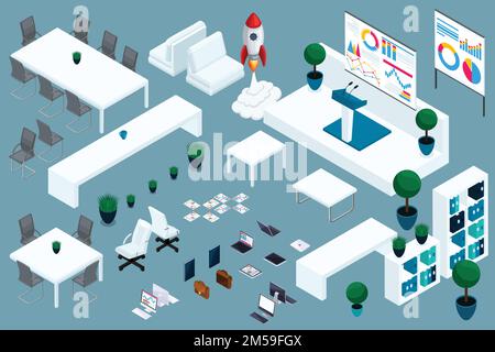 Quality Isometry, 3D set of furniture for office and business start-up. Excellent composition for advertising and creating your own vector interior. Stock Vector