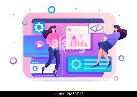 Team of specialists is working on the creation of web design. Concept of teamwork. Flat 2D character. Concept for web design. Stock Vector
