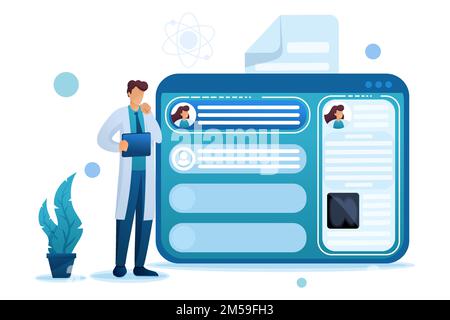 Doctor looks at the patient's electronic chart on the tablet. Flat 2D character. Concept for web design. Stock Vector