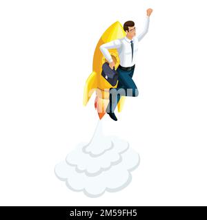 Isometric businessman pouring up, rocket flying upward, symbol of freedom and wealth, succeed, launch a startup ICO. Stock Vector