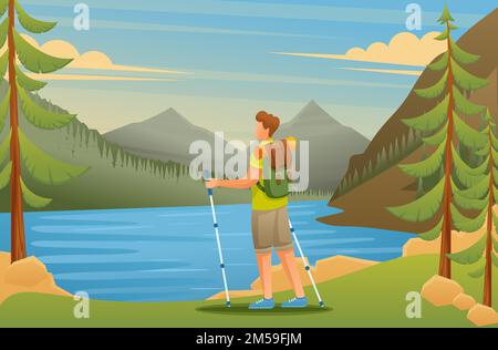 Young man admires the beauty of nature on the lake. Flat 2D character. Vector illustration. Stock Vector