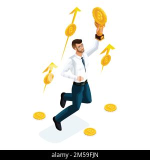 Isometric businessman, investor, financial market player, earned money invested in Ethereum Crypto Currency, ICO, Bitcoin. Stock Vector