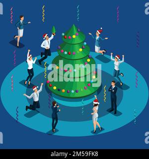 Christmas illustration, Isometric men and women jumping around the Christmas tree, celebrating Christmas, business man happy in bright caps. Stock Vector