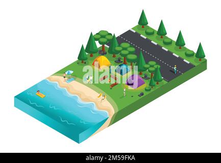Isometric of camping, friends on vacation, fresh air, picnic, on the nature, forest, sea, beach, shore of the lake, highway, camp site. Weekend with f Stock Vector