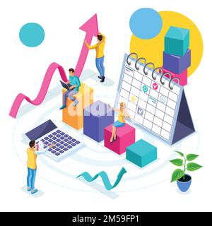 Isometric concept of business planning and strategy development, young entrepreneurs View the analyst to check revenues, success rates. Stock Vector