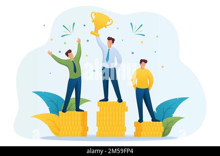 Concept of success of the entrepreneur in business, leadership, awards, success of the businessman. Flat 2D character. Concept for web design. Stock Vector