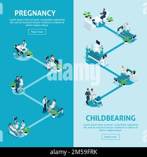 Isometric Illustrations banners, concept work hospital, medical institution, maternity hospital, family planning in the hospital, supervision of pregn Stock Vector