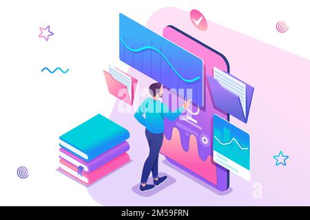 Isometric concept Man watching a lesson on the website, online training, e-learning. Mobile Application for training. Concept for web design. Stock Vector