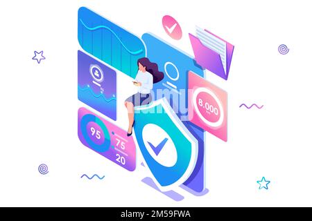 Isometric concept Girl installs online application to protect data on your phone. Information protection. Concept for web design. Stock Vector