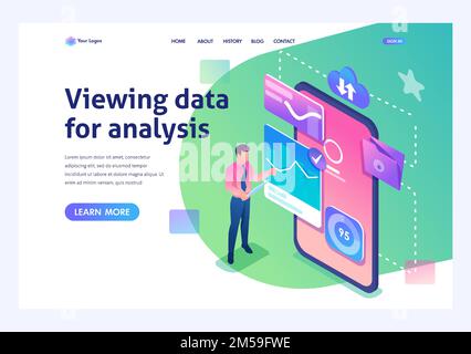 Isometric concept View data for analysis. A young entrepreneur works with data on the smartphone screen. For advertising concepts and web design. Stock Vector