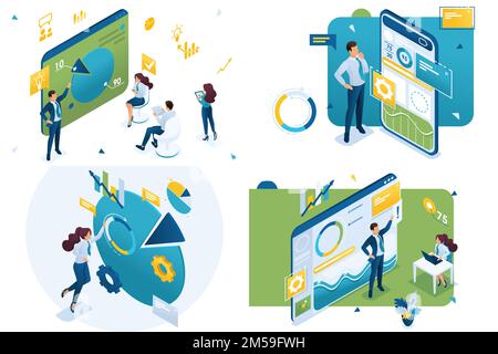 Set of isometric conceptsbusiness training, mobile app, graphs and charts, data analysis. For Concept for web design. Stock Vector
