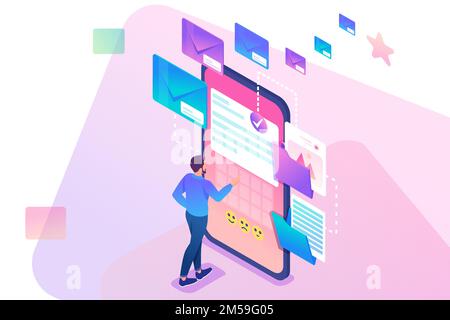 Young man creates New email message, send mail notification. New incoming message. Business correspondence. 3d isometric. Concept for web design. Stock Vector