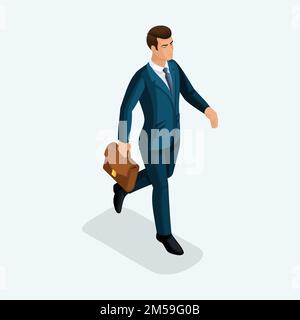 Isometric of a young businessman goes forward, the business talks on phone and tablet. The emotional gestures of the people. Stock Vector