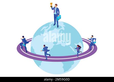Isometric Bright site concept Businessman at the top of the world, entrepreneurs compete for leadership. Concept for web design. Stock Vector