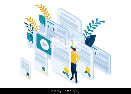 Isometric Bright site concept education and coaching is the key to success. Diplomas and knowledge. Concept for web design. Stock Vector