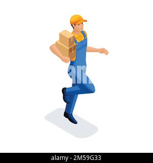 Isometric man runs with cardboard boxes, delivery service. Fast delivery van. Delivery man. 3D character of emotion. Vector illustration. Stock Vector