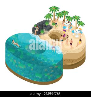 sometry of the island of palms 8, 3d on March 8. International Women's Day. A fabulous island, peoples rest on a paradise island. Stock Vector