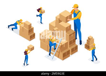 Isometric The work of movers in the warehouse, placing boxes, collecting goods. Concept for web design. Stock Vector