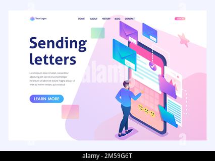 Young man creates New email message, send mail notification. New incoming message. Business correspondence. 3d isometric. For Landing page concepts an Stock Vector