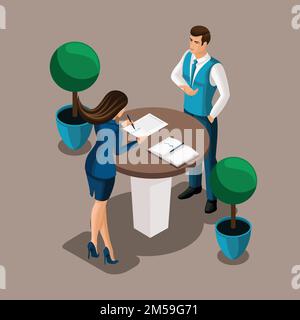 Isometric girl the entrepreneur signs the contract in the bank's office, the bank employee concludes the contract. Vector illustration of a banking st Stock Vector