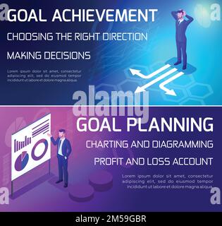 Isometrics bright banners, business concepts, 3D businessmen are building plans, brainstorming. Vector illustration. Stock Vector
