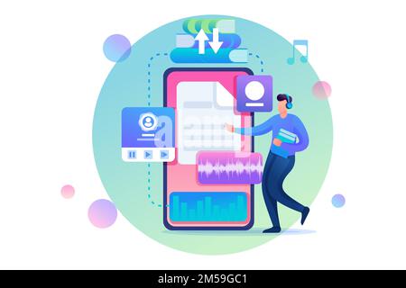 Young man enjoys his electronic library, downloaded new e-books. Flat 2D character. Concept for web design. Stock Vector