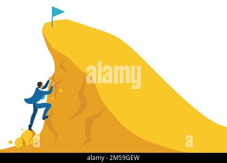 Isometric Bright site concept Build a career, businessman climbs the big Golden mountain, succeed. Concept for web design. Stock Vector