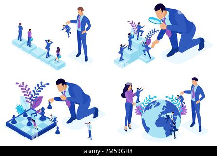 Isometric concepts of employee selection, career development, promotion. For website and mobile application design. Stock Vector