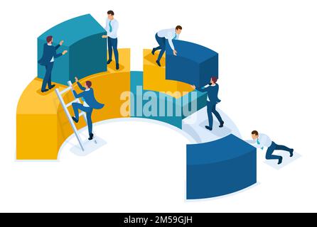 Isometric data analysis, data collection for analytics, employees work. Concept for web design. Stock Vector