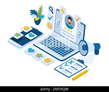 Isometric recruitment concept, HR managers, job seekers, resume, icons for work, laptop with resume. Stock Vector