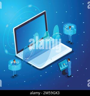 Isometric businessmen with gadgets, work on virtual screens, on-line management of electronic devices, virtual glasses, virtual reality. Stock Vector
