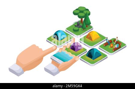 Isometric concept online shopping using a smartphone picnic tent, preparing for a holiday with friends at the camping site. Stock Vector