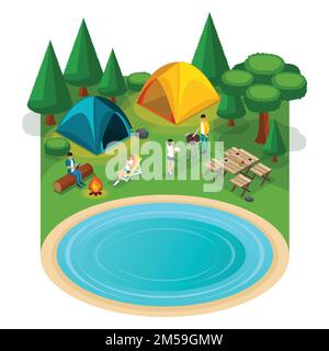 Isometric Expedition travel hiking, webpage with weekend friends picnic camping vacation, vector illustration. Stock Vector