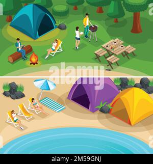 Isometric Expedition travel hiking, 2 horizontal webpage banners with weekend friends picnic camping vacation, vector illustration. Stock Vector