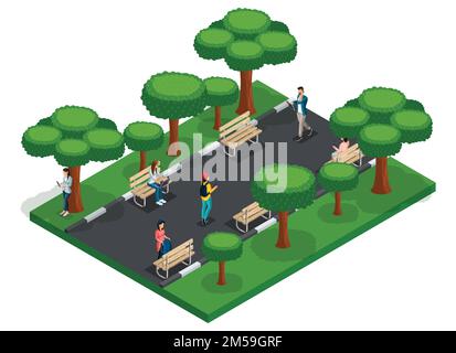 Trendy People Isometric vector 3D teenagers, young people, students, freelancers, running, walking in the park, benches, work outdoors. Stock Vector