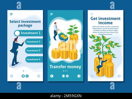 Isometric Template app businessmen invest money and help them grow and make a profit, smartphone apps. Stock Vector