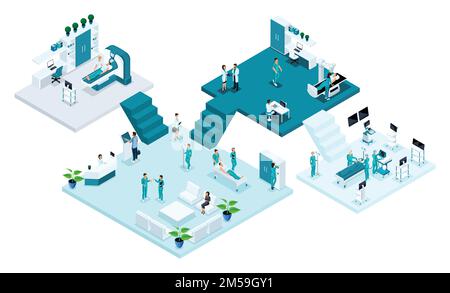 Isometric room of the hospital, Healthcare and innovative technology, medical personnel, patients, examination and diagnosis of the disease, surgery. Stock Vector